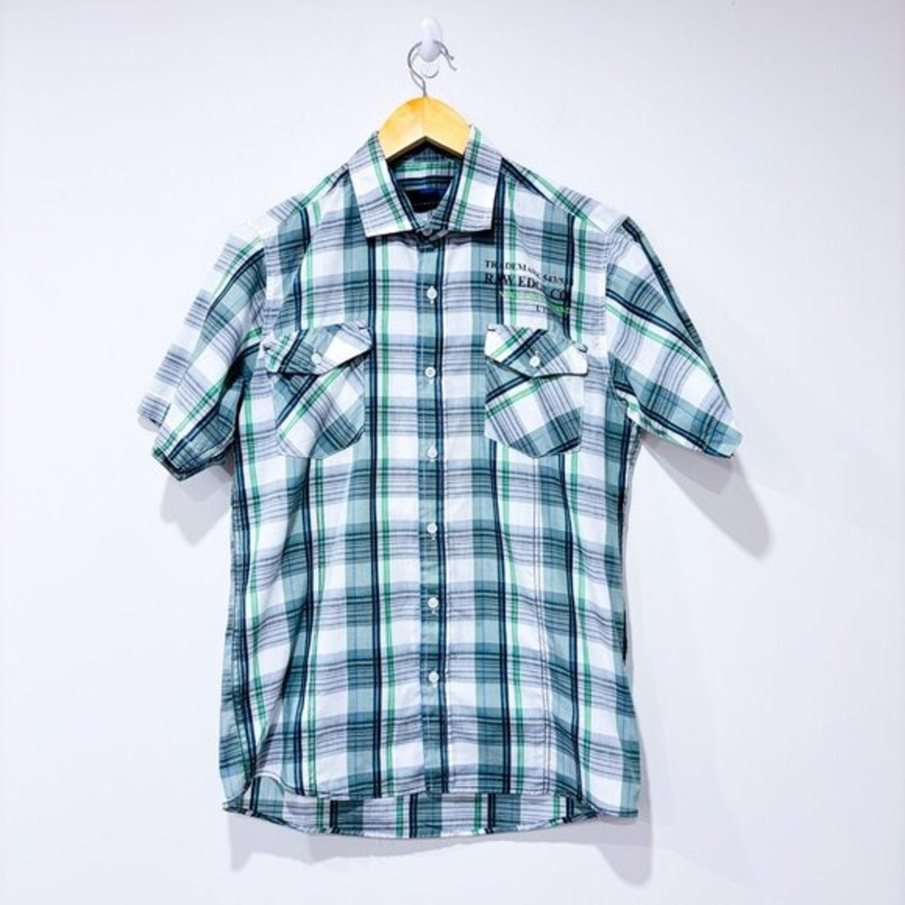 NAVY CREW Green White Plaid Short Sleeve Button Front Pocket Shirt Small
